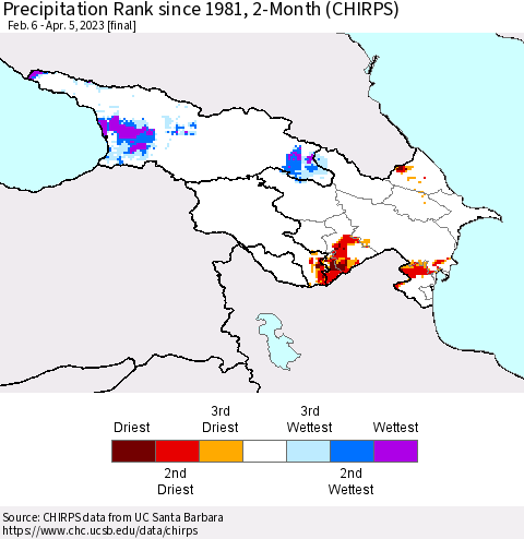 Azerbaijan, Armenia and Georgia Precipitation Rank since 1981, 2-Month (CHIRPS) Thematic Map For 2/6/2023 - 4/5/2023