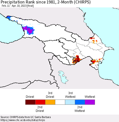 Azerbaijan, Armenia and Georgia Precipitation Rank since 1981, 2-Month (CHIRPS) Thematic Map For 2/11/2023 - 4/10/2023