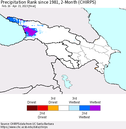 Azerbaijan, Armenia and Georgia Precipitation Rank since 1981, 2-Month (CHIRPS) Thematic Map For 2/16/2023 - 4/15/2023