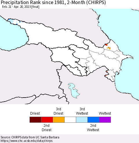 Azerbaijan, Armenia and Georgia Precipitation Rank since 1981, 2-Month (CHIRPS) Thematic Map For 2/21/2023 - 4/20/2023
