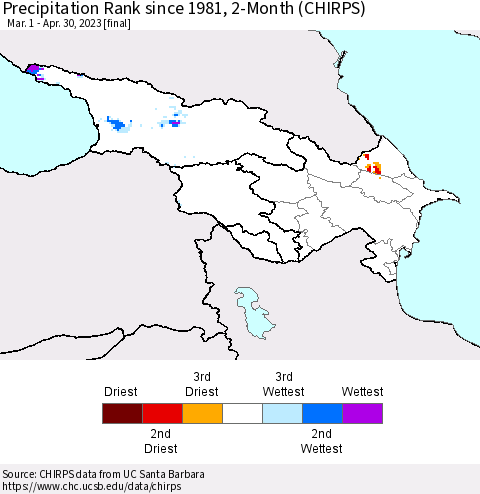 Azerbaijan, Armenia and Georgia Precipitation Rank since 1981, 2-Month (CHIRPS) Thematic Map For 3/1/2023 - 4/30/2023