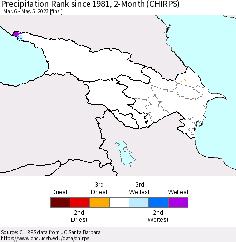 Azerbaijan, Armenia and Georgia Precipitation Rank since 1981, 2-Month (CHIRPS) Thematic Map For 3/6/2023 - 5/5/2023