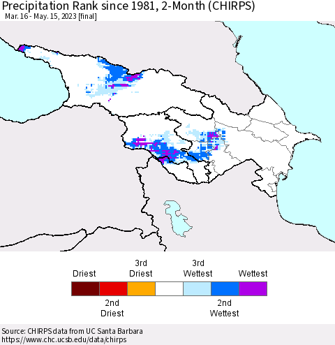 Azerbaijan, Armenia and Georgia Precipitation Rank since 1981, 2-Month (CHIRPS) Thematic Map For 3/16/2023 - 5/15/2023
