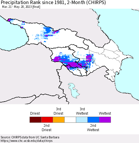 Azerbaijan, Armenia and Georgia Precipitation Rank since 1981, 2-Month (CHIRPS) Thematic Map For 3/21/2023 - 5/20/2023