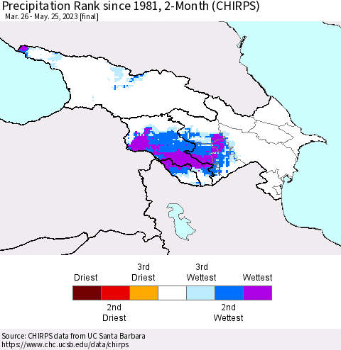 Azerbaijan, Armenia and Georgia Precipitation Rank since 1981, 2-Month (CHIRPS) Thematic Map For 3/26/2023 - 5/25/2023