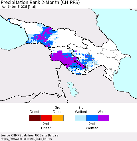 Azerbaijan, Armenia and Georgia Precipitation Rank since 1981, 2-Month (CHIRPS) Thematic Map For 4/6/2023 - 6/5/2023