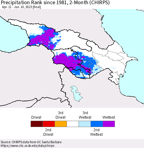 Azerbaijan, Armenia and Georgia Precipitation Rank since 1981, 2-Month (CHIRPS) Thematic Map For 4/11/2023 - 6/10/2023