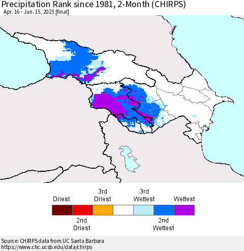 Azerbaijan, Armenia and Georgia Precipitation Rank since 1981, 2-Month (CHIRPS) Thematic Map For 4/16/2023 - 6/15/2023