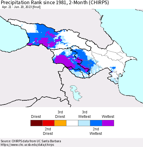 Azerbaijan, Armenia and Georgia Precipitation Rank since 1981, 2-Month (CHIRPS) Thematic Map For 4/21/2023 - 6/20/2023
