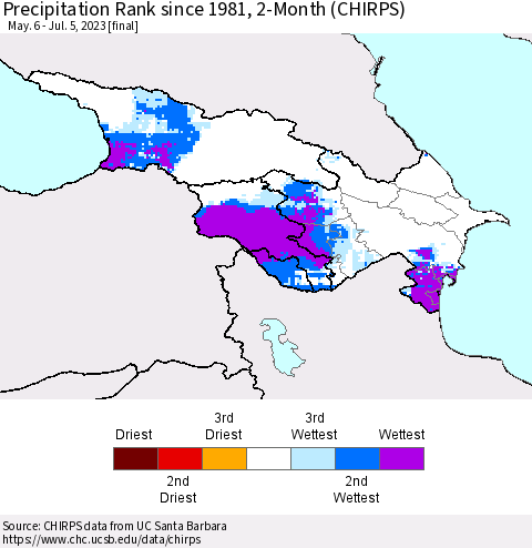 Azerbaijan, Armenia and Georgia Precipitation Rank since 1981, 2-Month (CHIRPS) Thematic Map For 5/6/2023 - 7/5/2023