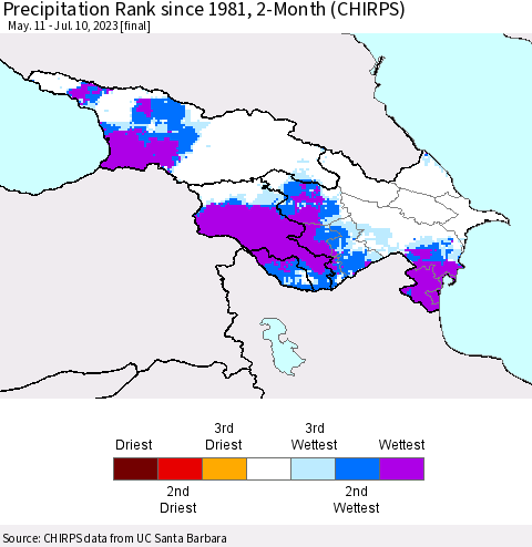 Azerbaijan, Armenia and Georgia Precipitation Rank since 1981, 2-Month (CHIRPS) Thematic Map For 5/11/2023 - 7/10/2023