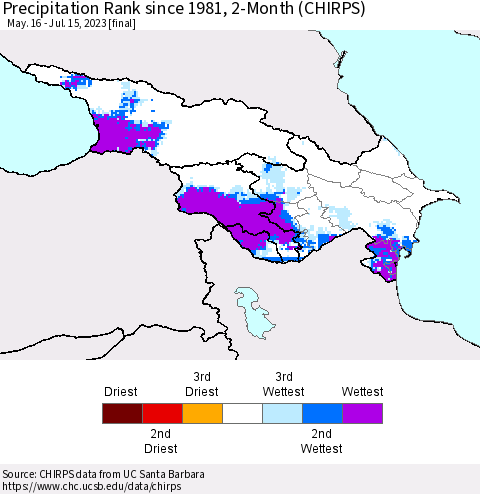 Azerbaijan, Armenia and Georgia Precipitation Rank since 1981, 2-Month (CHIRPS) Thematic Map For 5/16/2023 - 7/15/2023