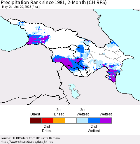 Azerbaijan, Armenia and Georgia Precipitation Rank since 1981, 2-Month (CHIRPS) Thematic Map For 5/21/2023 - 7/20/2023