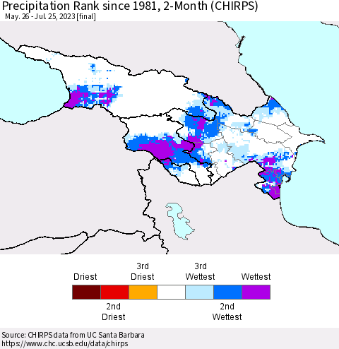 Azerbaijan, Armenia and Georgia Precipitation Rank since 1981, 2-Month (CHIRPS) Thematic Map For 5/26/2023 - 7/25/2023