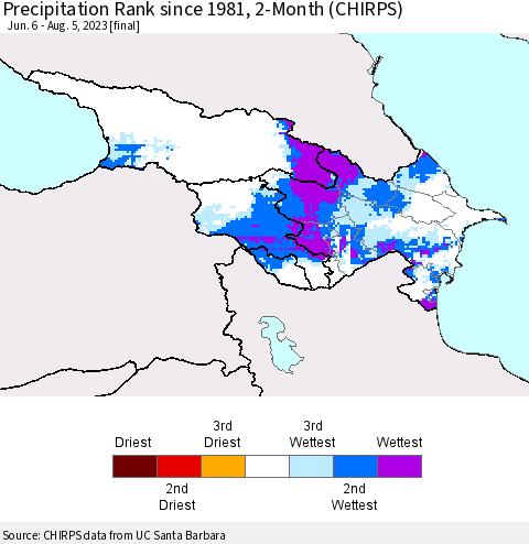 Azerbaijan, Armenia and Georgia Precipitation Rank since 1981, 2-Month (CHIRPS) Thematic Map For 6/6/2023 - 8/5/2023