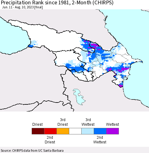 Azerbaijan, Armenia and Georgia Precipitation Rank since 1981, 2-Month (CHIRPS) Thematic Map For 6/11/2023 - 8/10/2023