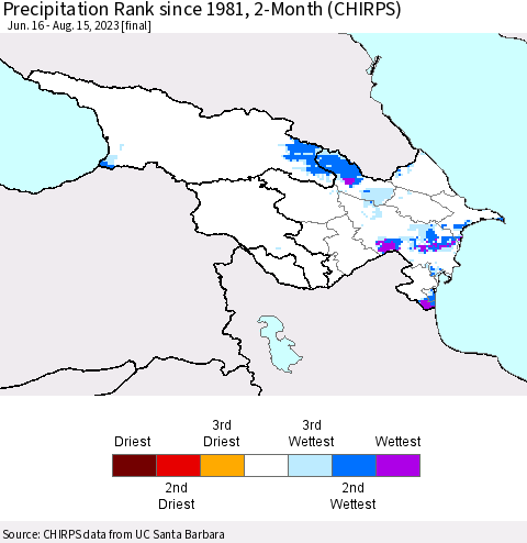 Azerbaijan, Armenia and Georgia Precipitation Rank since 1981, 2-Month (CHIRPS) Thematic Map For 6/16/2023 - 8/15/2023