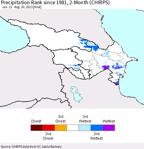 Azerbaijan, Armenia and Georgia Precipitation Rank since 1981, 2-Month (CHIRPS) Thematic Map For 6/21/2023 - 8/20/2023