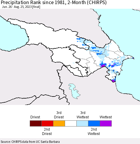 Azerbaijan, Armenia and Georgia Precipitation Rank since 1981, 2-Month (CHIRPS) Thematic Map For 6/26/2023 - 8/25/2023