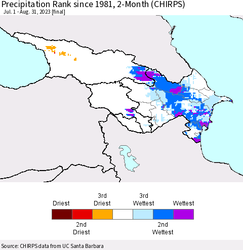 Azerbaijan, Armenia and Georgia Precipitation Rank since 1981, 2-Month (CHIRPS) Thematic Map For 7/1/2023 - 8/31/2023