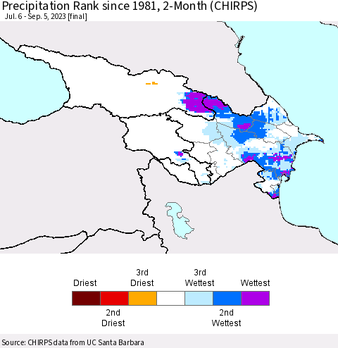 Azerbaijan, Armenia and Georgia Precipitation Rank since 1981, 2-Month (CHIRPS) Thematic Map For 7/6/2023 - 9/5/2023