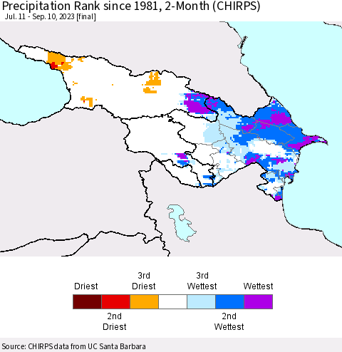 Azerbaijan, Armenia and Georgia Precipitation Rank since 1981, 2-Month (CHIRPS) Thematic Map For 7/11/2023 - 9/10/2023