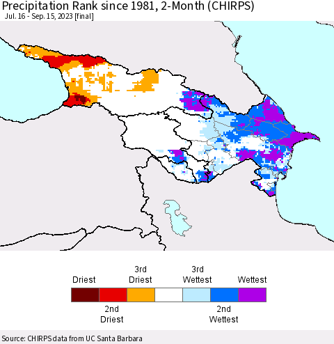 Azerbaijan, Armenia and Georgia Precipitation Rank since 1981, 2-Month (CHIRPS) Thematic Map For 7/16/2023 - 9/15/2023
