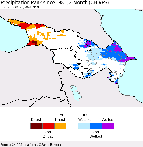 Azerbaijan, Armenia and Georgia Precipitation Rank since 1981, 2-Month (CHIRPS) Thematic Map For 7/21/2023 - 9/20/2023