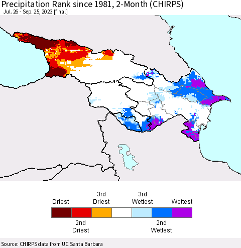 Azerbaijan, Armenia and Georgia Precipitation Rank since 1981, 2-Month (CHIRPS) Thematic Map For 7/26/2023 - 9/25/2023