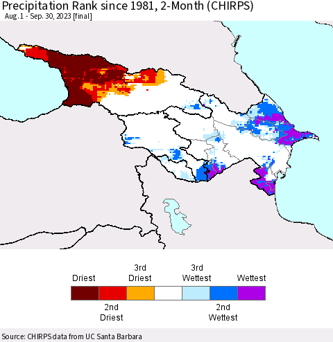 Azerbaijan, Armenia and Georgia Precipitation Rank since 1981, 2-Month (CHIRPS) Thematic Map For 8/1/2023 - 9/30/2023