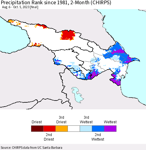 Azerbaijan, Armenia and Georgia Precipitation Rank since 1981, 2-Month (CHIRPS) Thematic Map For 8/6/2023 - 10/5/2023