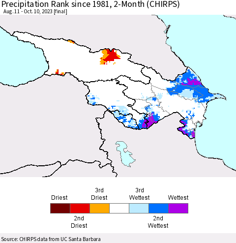 Azerbaijan, Armenia and Georgia Precipitation Rank since 1981, 2-Month (CHIRPS) Thematic Map For 8/11/2023 - 10/10/2023