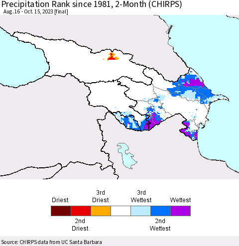 Azerbaijan, Armenia and Georgia Precipitation Rank since 1981, 2-Month (CHIRPS) Thematic Map For 8/16/2023 - 10/15/2023