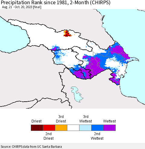 Azerbaijan, Armenia and Georgia Precipitation Rank since 1981, 2-Month (CHIRPS) Thematic Map For 8/21/2023 - 10/20/2023