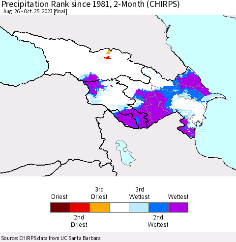 Azerbaijan, Armenia and Georgia Precipitation Rank since 1981, 2-Month (CHIRPS) Thematic Map For 8/26/2023 - 10/25/2023