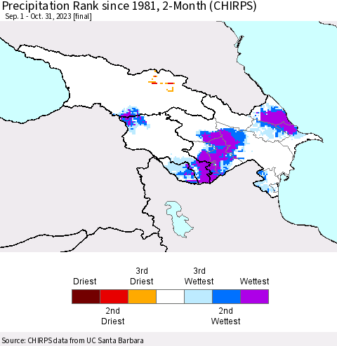 Azerbaijan, Armenia and Georgia Precipitation Rank since 1981, 2-Month (CHIRPS) Thematic Map For 9/1/2023 - 10/31/2023