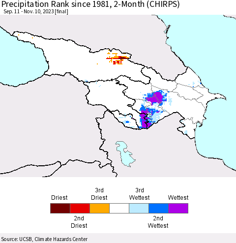 Azerbaijan, Armenia and Georgia Precipitation Rank since 1981, 2-Month (CHIRPS) Thematic Map For 9/11/2023 - 11/10/2023