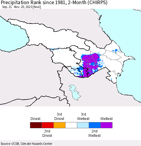 Azerbaijan, Armenia and Georgia Precipitation Rank since 1981, 2-Month (CHIRPS) Thematic Map For 9/21/2023 - 11/20/2023