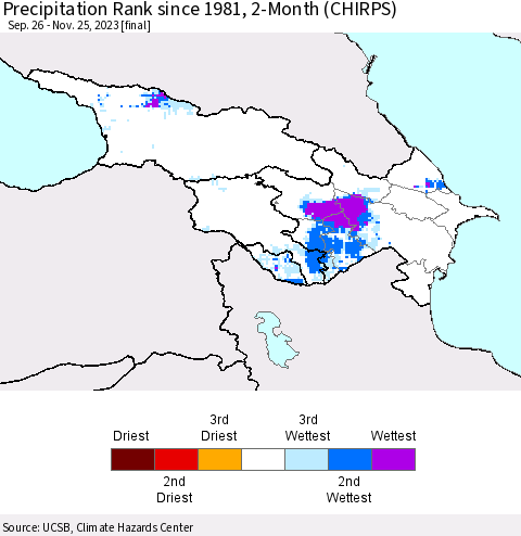 Azerbaijan, Armenia and Georgia Precipitation Rank since 1981, 2-Month (CHIRPS) Thematic Map For 9/26/2023 - 11/25/2023