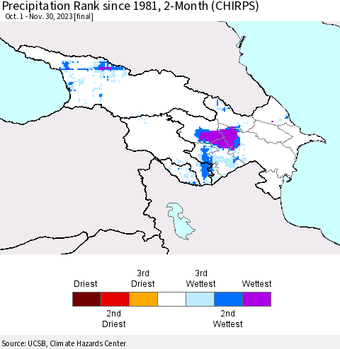 Azerbaijan, Armenia and Georgia Precipitation Rank since 1981, 2-Month (CHIRPS) Thematic Map For 10/1/2023 - 11/30/2023