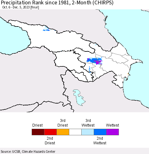 Azerbaijan, Armenia and Georgia Precipitation Rank since 1981, 2-Month (CHIRPS) Thematic Map For 10/6/2023 - 12/5/2023