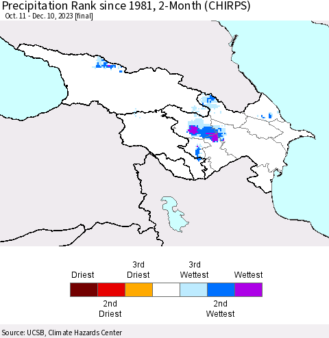 Azerbaijan, Armenia and Georgia Precipitation Rank since 1981, 2-Month (CHIRPS) Thematic Map For 10/11/2023 - 12/10/2023