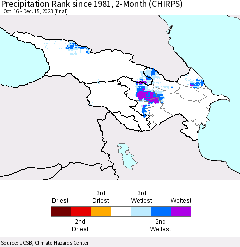 Azerbaijan, Armenia and Georgia Precipitation Rank since 1981, 2-Month (CHIRPS) Thematic Map For 10/16/2023 - 12/15/2023