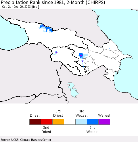 Azerbaijan, Armenia and Georgia Precipitation Rank since 1981, 2-Month (CHIRPS) Thematic Map For 10/21/2023 - 12/20/2023
