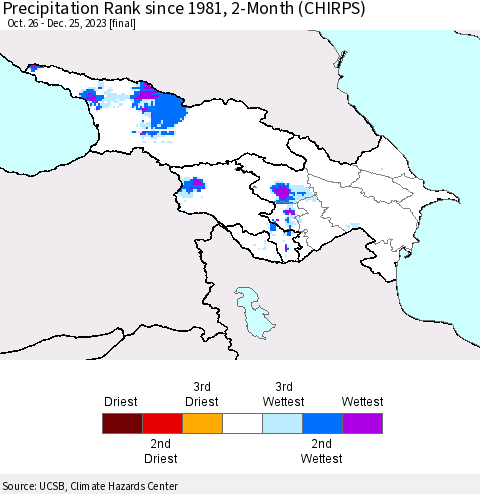 Azerbaijan, Armenia and Georgia Precipitation Rank since 1981, 2-Month (CHIRPS) Thematic Map For 10/26/2023 - 12/25/2023