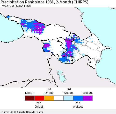Azerbaijan, Armenia and Georgia Precipitation Rank since 1981, 2-Month (CHIRPS) Thematic Map For 11/6/2023 - 1/5/2024