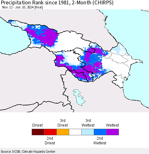 Azerbaijan, Armenia and Georgia Precipitation Rank since 1981, 2-Month (CHIRPS) Thematic Map For 11/11/2023 - 1/10/2024