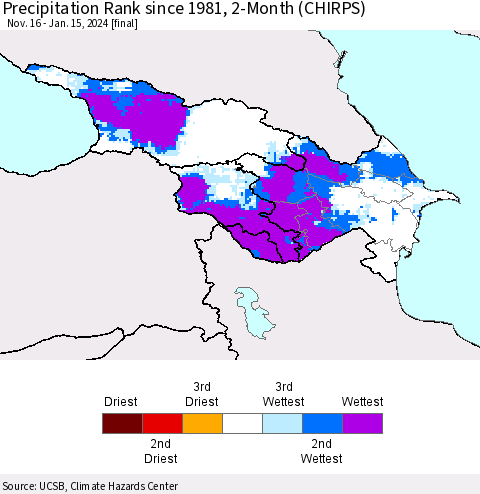 Azerbaijan, Armenia and Georgia Precipitation Rank since 1981, 2-Month (CHIRPS) Thematic Map For 11/16/2023 - 1/15/2024