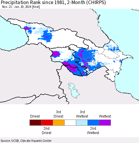Azerbaijan, Armenia and Georgia Precipitation Rank since 1981, 2-Month (CHIRPS) Thematic Map For 11/21/2023 - 1/20/2024
