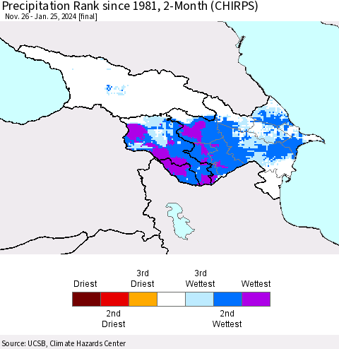Azerbaijan, Armenia and Georgia Precipitation Rank since 1981, 2-Month (CHIRPS) Thematic Map For 11/26/2023 - 1/25/2024